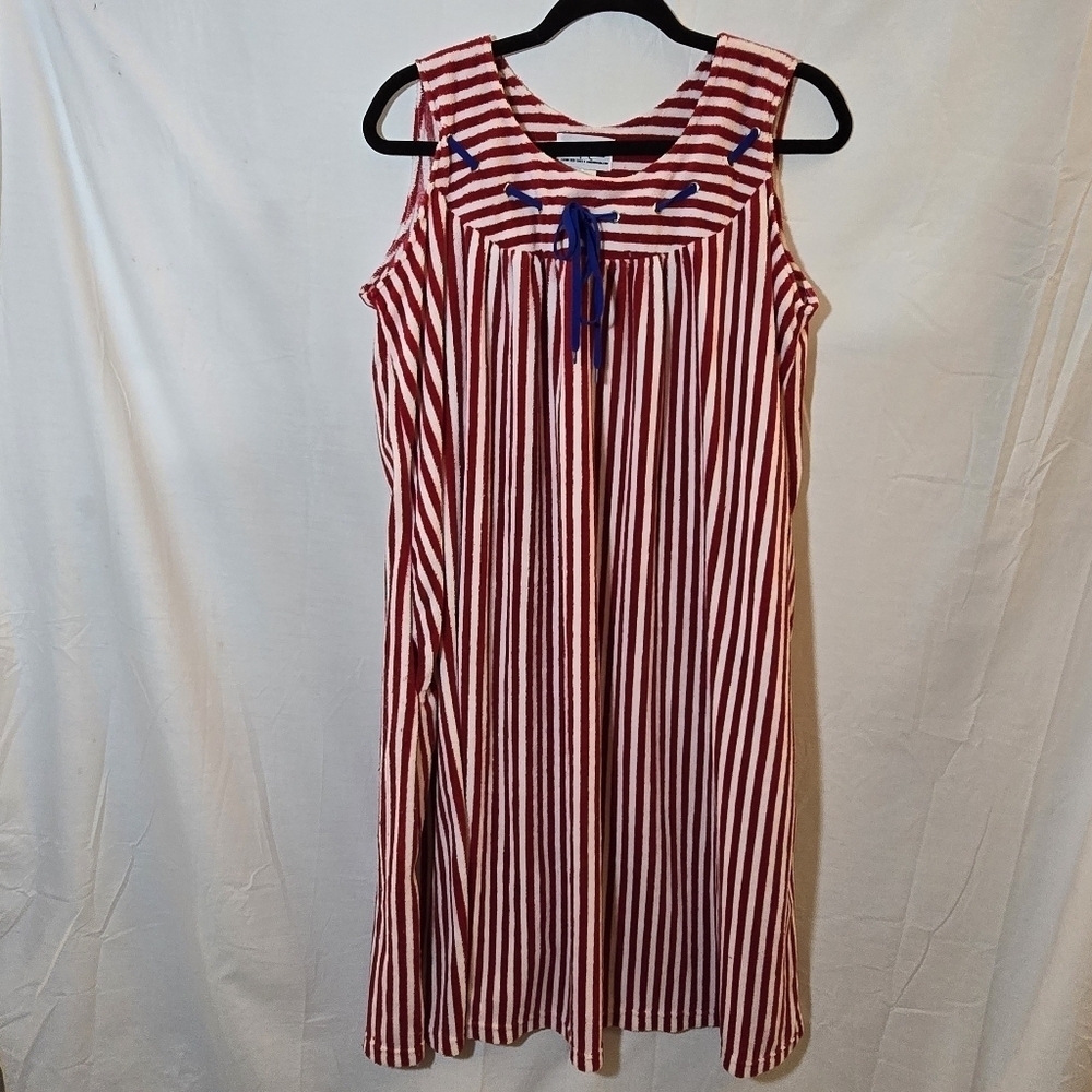 Vintage Anthony Richard Red White Stripe Terry Cloth Sleevess Housecoat Mumu PJs